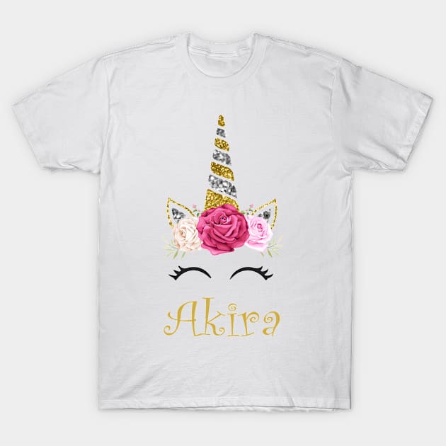 Akira | Personalized Name With Unicorn And Flowers For Girls And Women T-Shirt by Dizak Design